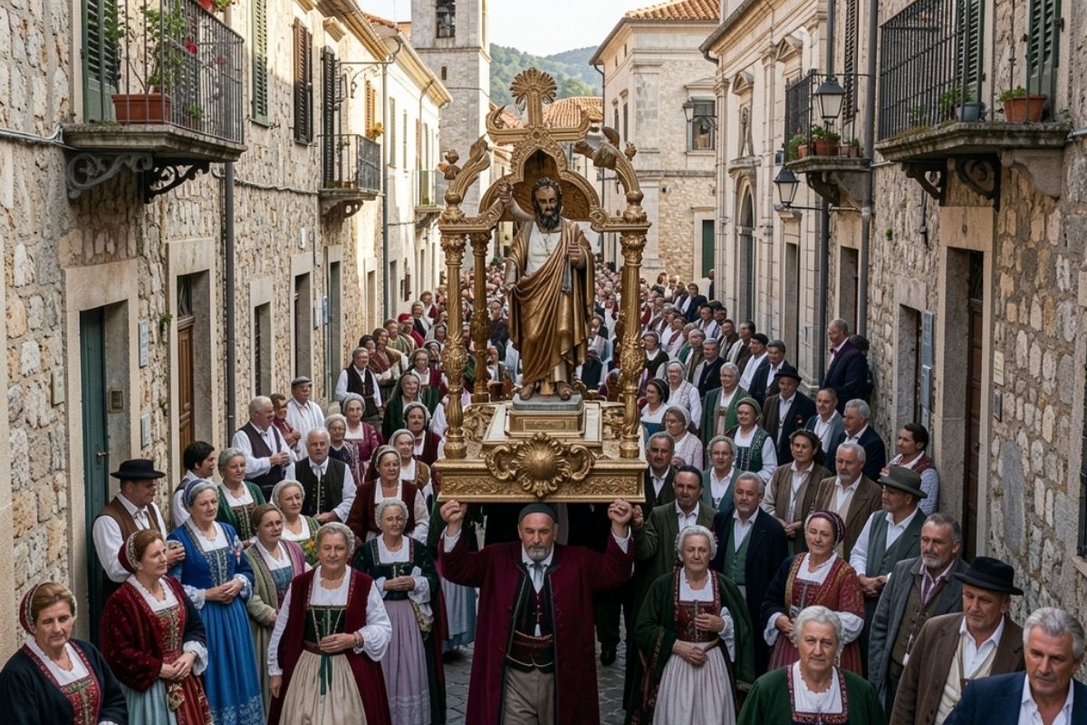 Vista panoramica della processione di San Biagio con fedeli in abiti tradizionali e la statua del santo portata a spalla, contesto: centro storico di Maratea tra vicoli e chiese