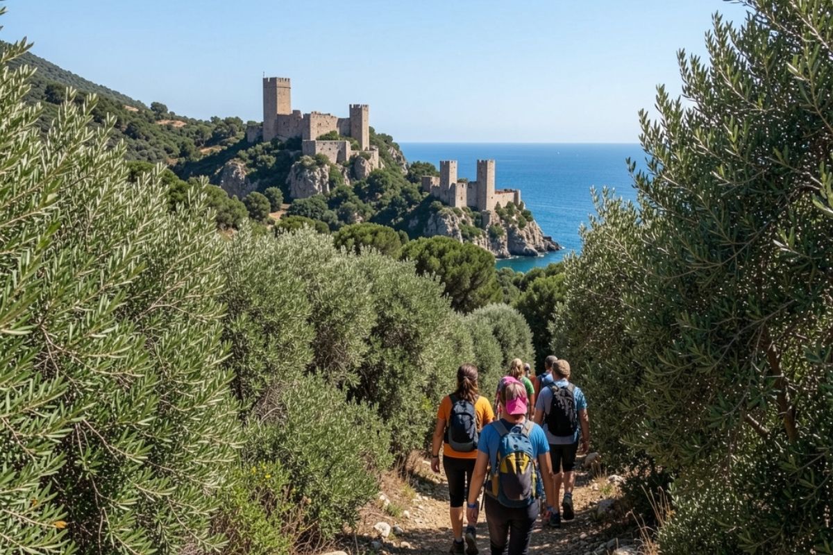 Turisti che passeggiano tra la vegetazione mediterranea del Parco Naturale di Serra di Castrocucco, con vista sulla costa e sulle torri antiche di Maratea. Giornata soleggiata.