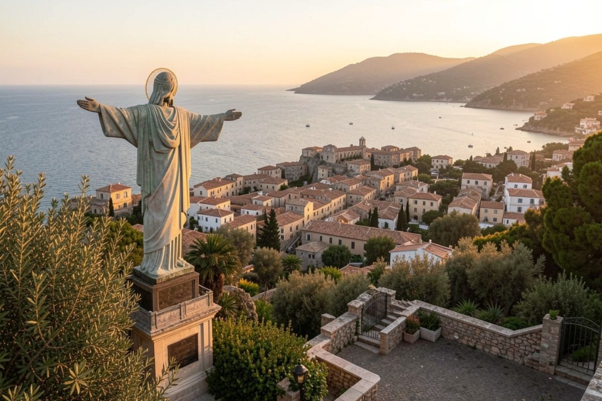 Panoramica di Maratea dalla statua del Cristo Redentore, con vista sul centro storico, il mare e la vegetazione mediterranea. Luce dorata del tramonto.